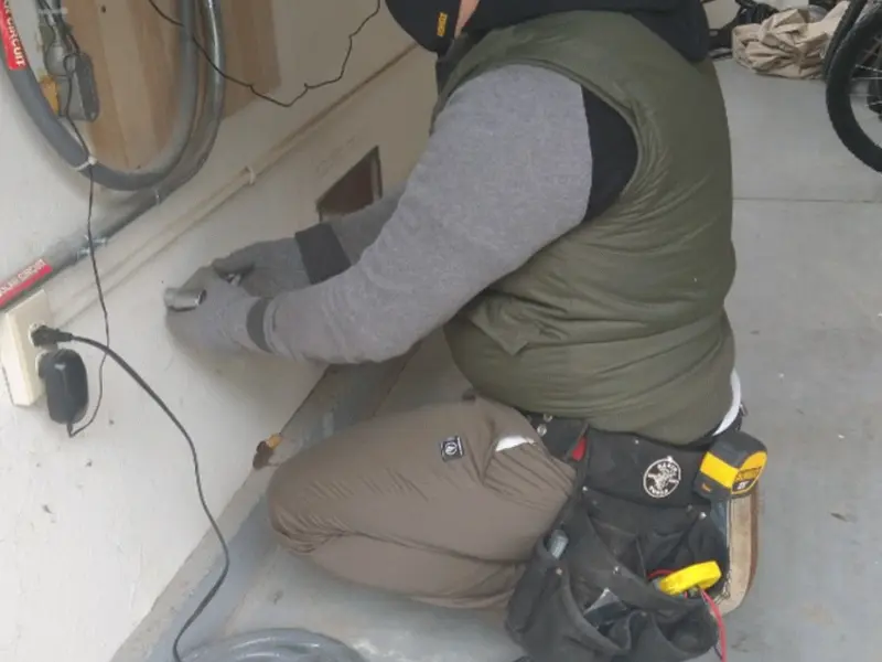 Electrician performing outlet wiring in a Wilbraham garage